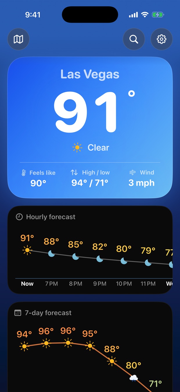 Solrise Weather Today screen showing Las Vegas at 91 degrees with an hourly forecast chart and 7-day forecast chart